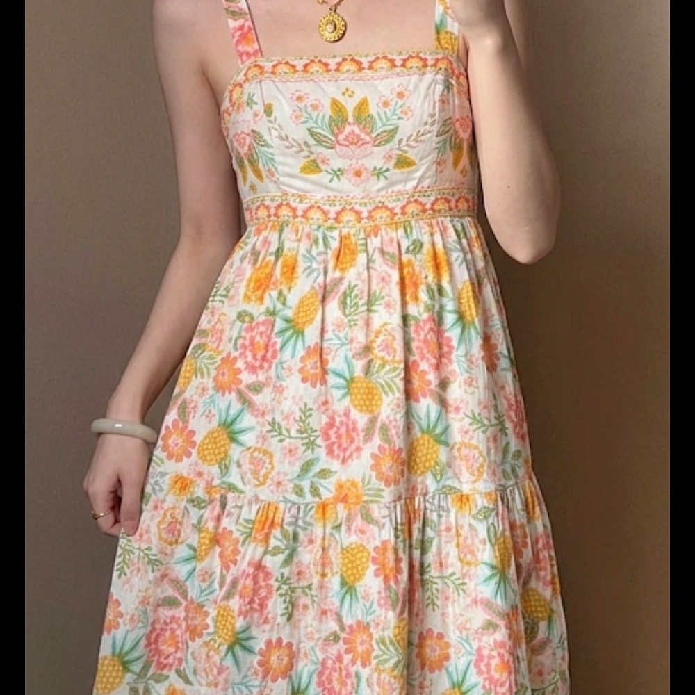 Rachel Zoe Cream Sundress with Peach, Yellow and Mint Pineapple Floral Print